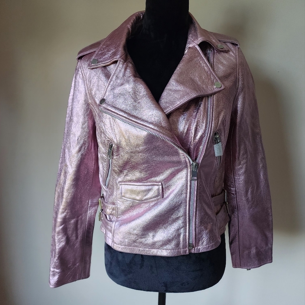 Walter Baker Metallic Pink Leather Moto Jacket